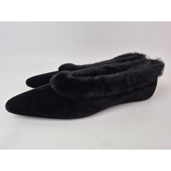 Toteme Women's Black Shearling Trim Velvet Pointed Toe Ballet Flat Size 38 - Picture 2 of 6